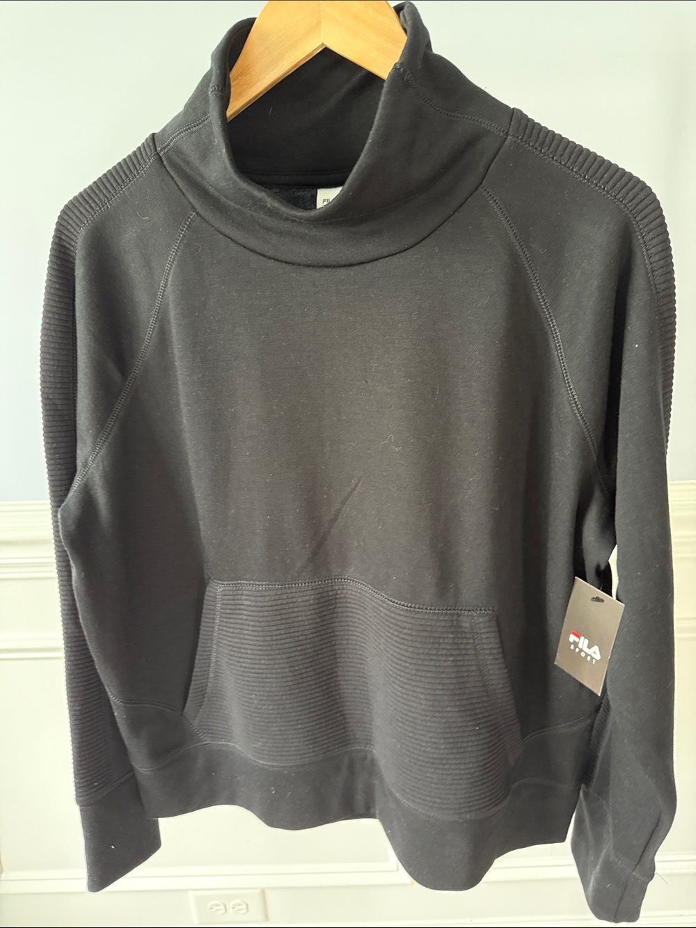 FILA Ottoman Popover Sweatshirt Women's L Large Black Cowl Neck Pocket NWT NEW
